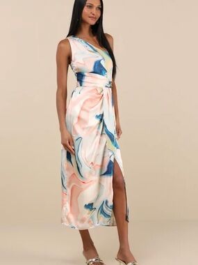Lulu's One-Shoulder Marble-Print Maxi Dress in Pink, Blue & Cream